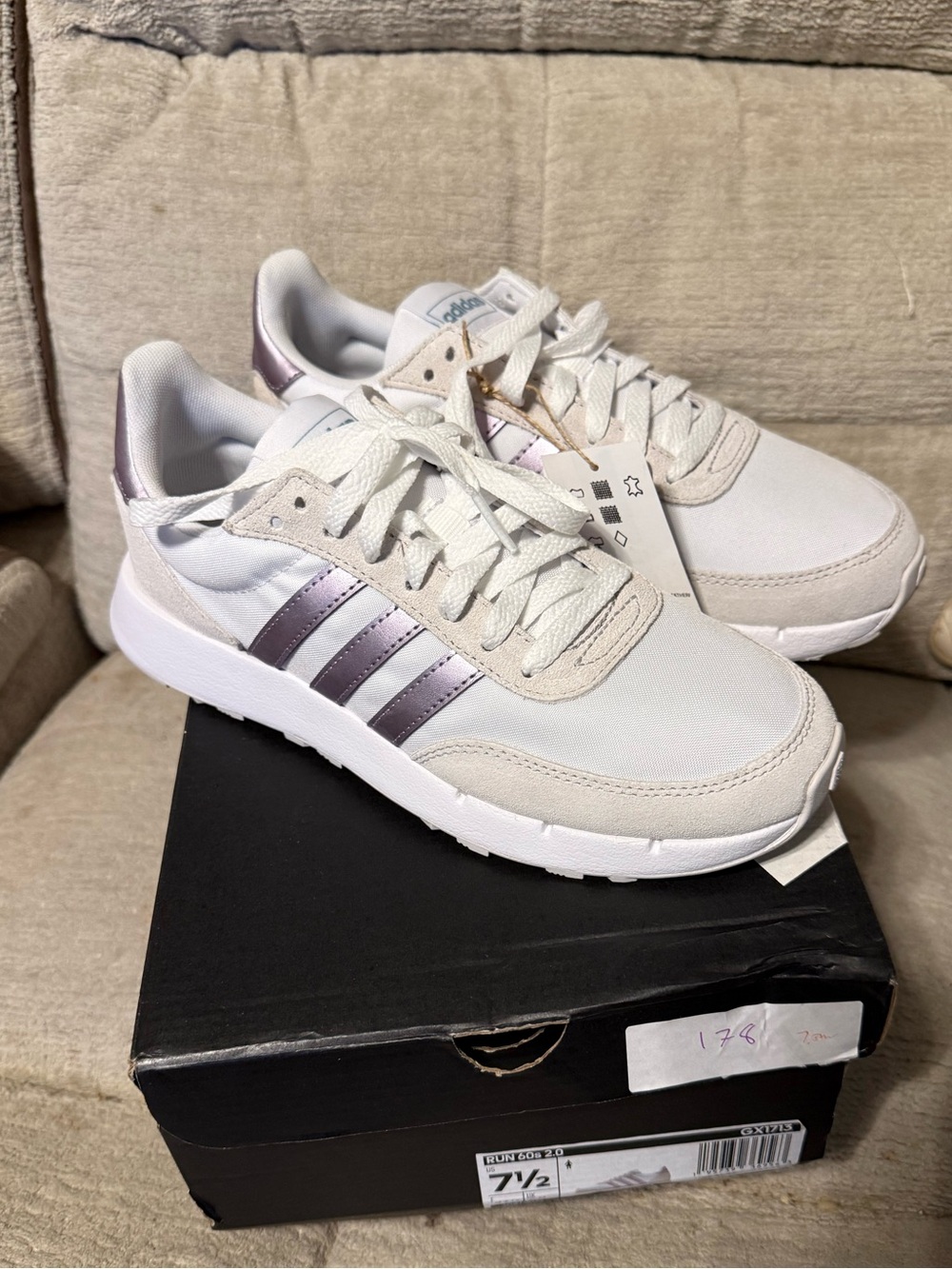 adidas run 60 2.0 Women’s White Sneakers with Metallic Lilac Stripes